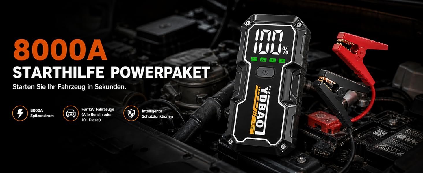 Powerbank для автомобіля 8000A, пусковий пристрій для акумулятора 12V з LED-дисплеєм та клемами, бустер для бензину/дизеля (до 10л), чорний