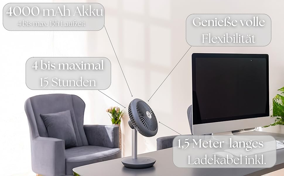 Безшумний настільний вентилятор Zilan | Акумулятор 4000 mAh | Регульований кут 90° | 4 швидкості | 15 годин роботи без дроту | Allegra Anthrazit