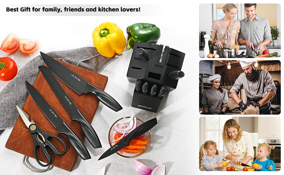 Набір ножів LIN ZHI REN 13 предметів з бруском, чорний. Кухонний набір ножів, ергономічні ручки, безпечний, для миття в посудомийній машині