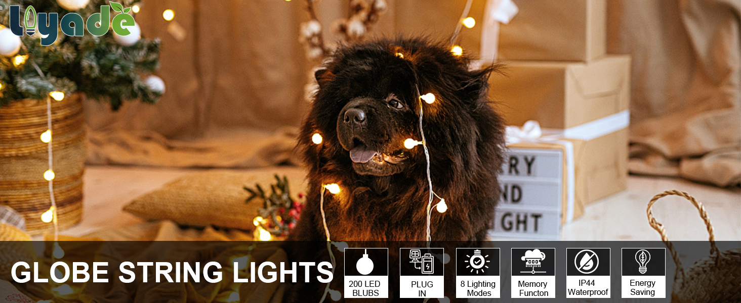 Ланцюжок прикрас з 200 LED кулями, 23 метри, тепле світло. Ідеально для декору на Різдво, весілля, вечірки. 8 режимів, функція пам'яті, з вилкою.