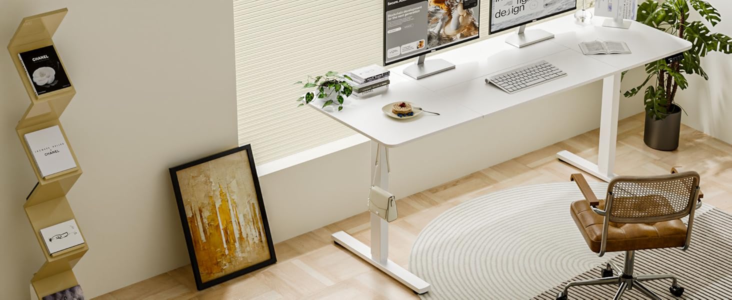 Electric Height Adjustable Standing Desk 80x60 cm & 170x60 cm - Ergonomic Desk with Dual Top, White Frame & Walnut Tabletop for Home Office