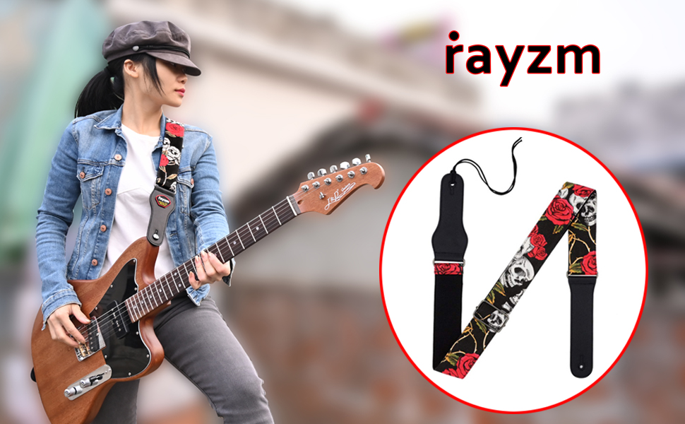 Гітарний ремінь Rayzm з бавовни для акустичної, електрогітари та бас-гітари з кишенькою для медіатора, рожевий принт, ширина 5 см, регульована довжина