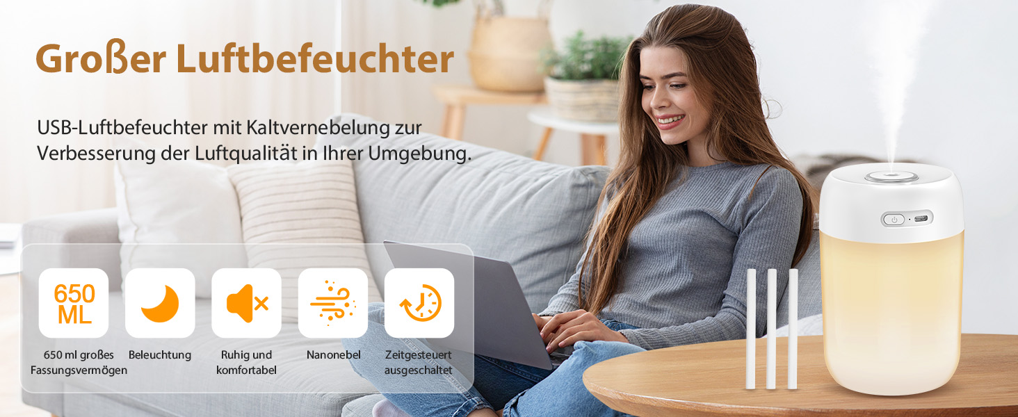Зволожувач повітря для спальні та кімнати дитини, компактний, тихий, бездротовий, 650 мл, білий
