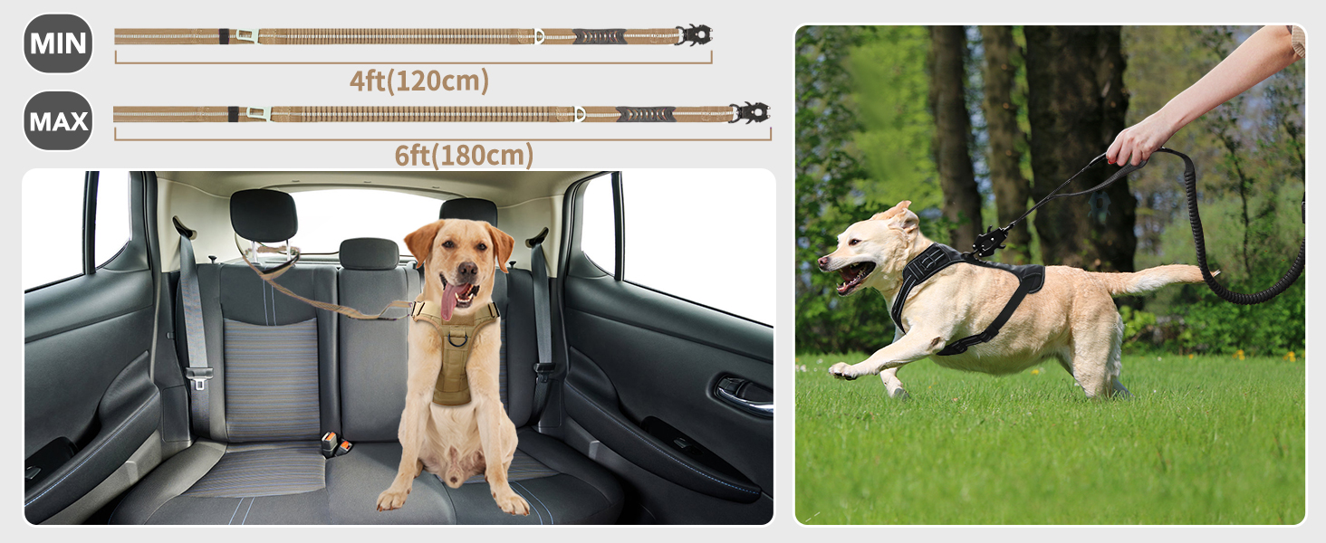 Тактична собача повід Joytale, 1.2м-1.8м, еластична, з двома зручними ручками, автофіксатор, повід без ривка для великих собак, сірий