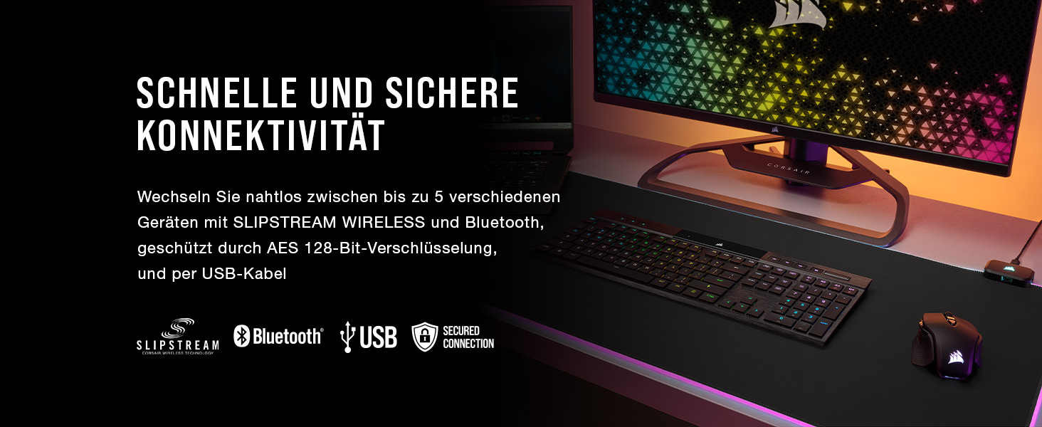 Ігрова механічна клавіатура Corsair K100 Air Wireless RGB з перемикачами Cherry MX Ultra Low Profile, Bluetooth, QWERTZ DE, чорна