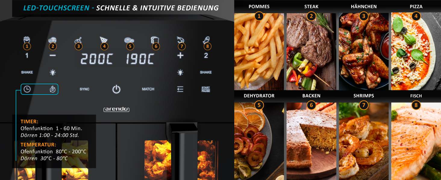Фритюрниця Arendo Dual Zone 9L з 2 камерами - Airfryer з сенсорним екраном та 3D циркуляцією повітря