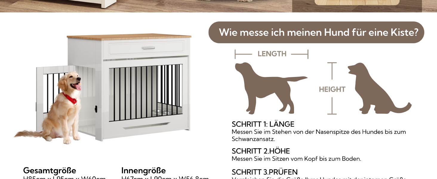 DAWNYIELD Wooden Dog Crate Furniture with Top Opening Door and Drawer - Stylish Indoor Dog Kennel End Table with 360° Swivel Dog Bowl - White