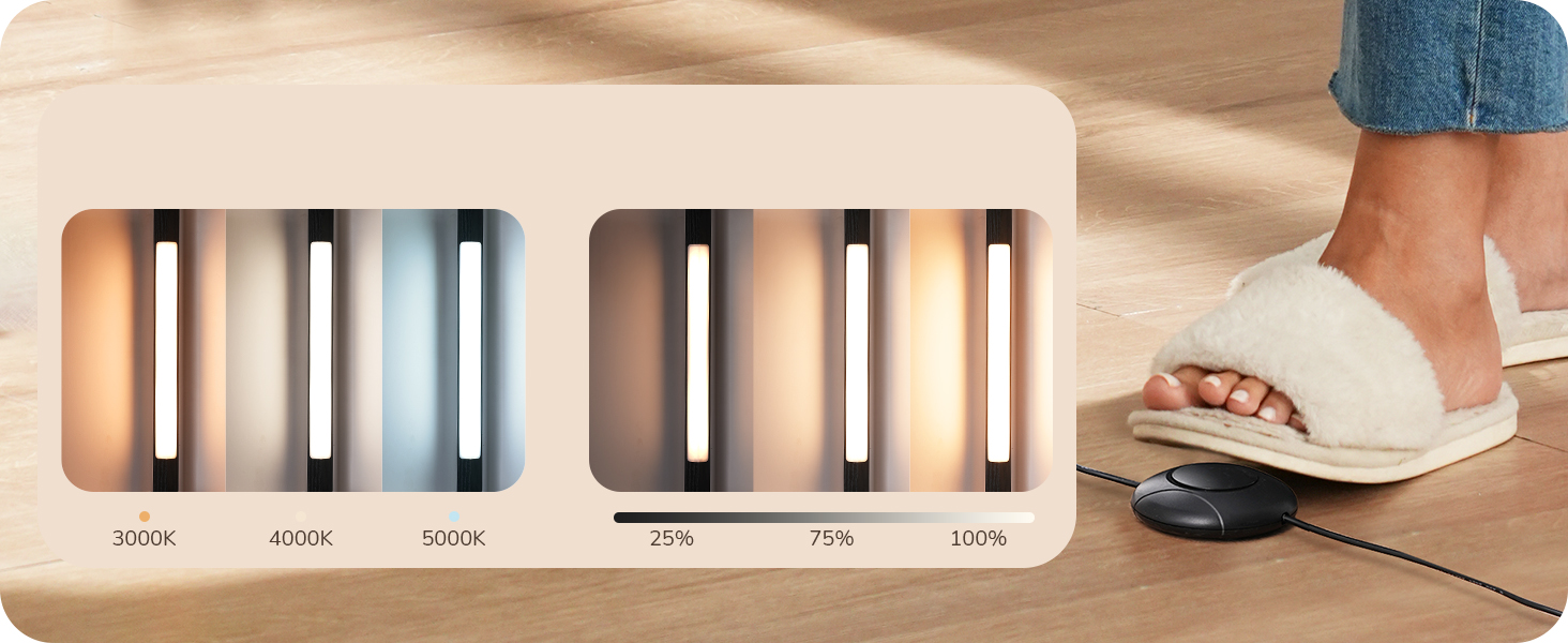 Стійка лампа EDISHINE з 4 полицями з дерева, LED диммер, 3 колірні температури, поворотний світловий маніпулятор, підсвічування полиць, футовий вимикач (чорний+скло)