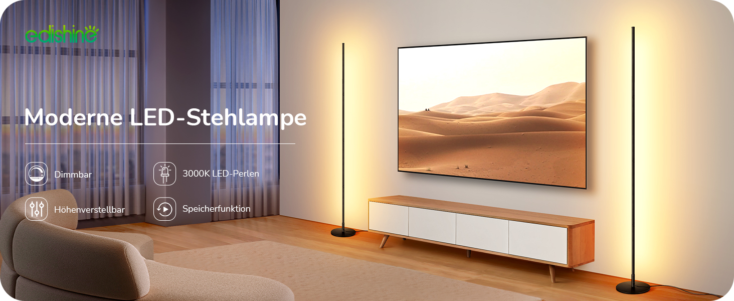 LED торшер Edishine 2 шт. з димуванням, тепле світло 3000K, регульована висота 146 см, для вітальні, спальні, офісу, чорний