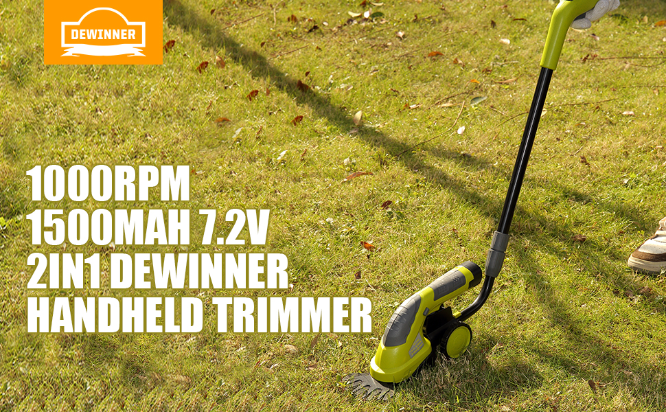 Акумуляторні ножиці для трави та кущів DEWINNER 7.2V Li-ion, 1.5Ah, 2 насадки, телескопічна ручка, змінні леза, для газону та кущів