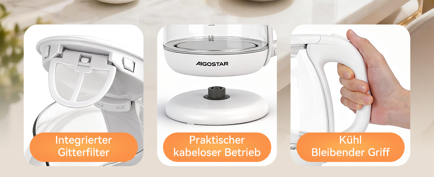 Електричний чайник Aigostar зі скла, 1 л, 2200W, LED-підсвічування, автоматичне відключення, захист від сухого кипіння, BPA Free, білий