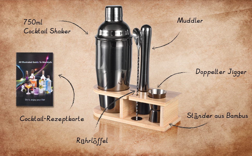 Набір шейкер для коктейлів, 5 предметів, 750 мл, нержавіюча сталь, професійний барменський набір, комплект для приготування Мартіні, барний інструмент для дому, з рецептами коктейлів (сірий)