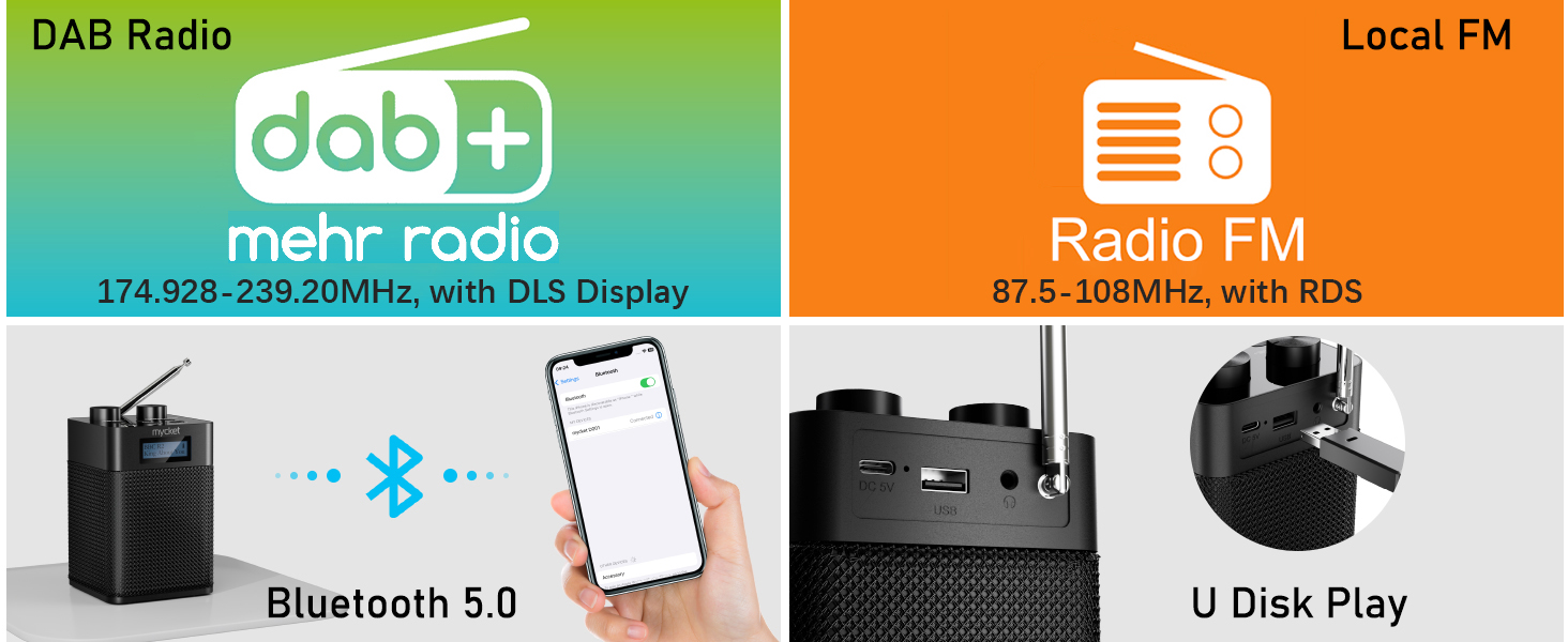 Портативне DAB/DAB+ радіо з цифровим радіо UKW, FM, Bluetooth 5.0, USB, LED дисплеєм (Чорний)