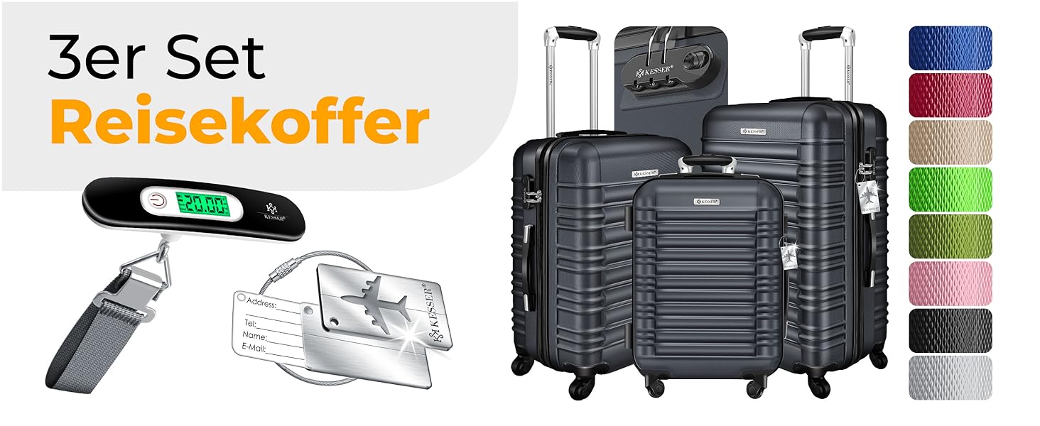 Набір валіз KESSER® 3шт з ABS-пластику: велика, середня, маленька, з телескопічною ручкою, ваговою шалькою та замком, 4 колеса, колір шампань