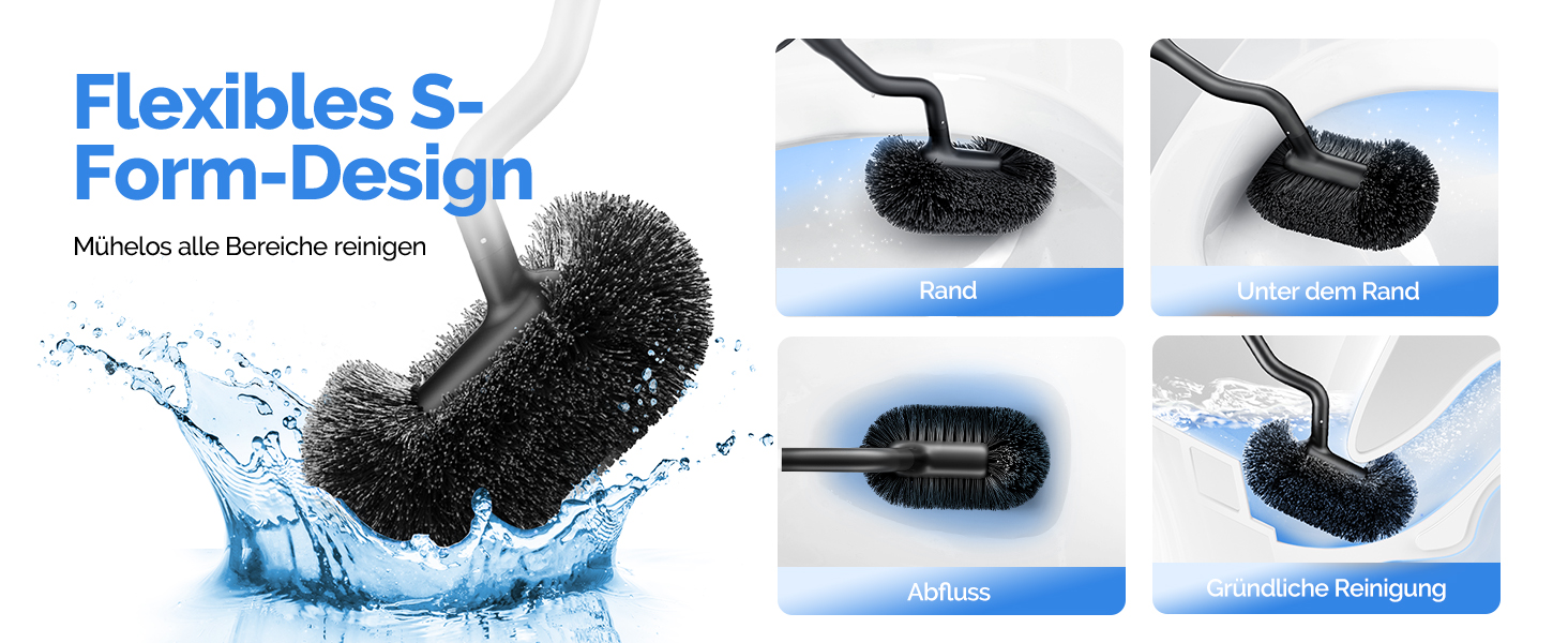 Набір для чищення унітазу HAMITOR з нержавіючої сталі: щітка для унітазу з кріпленням на стіну без свердління, для глибокого очищення під краєм, з швидковисихаючим підставкою, довга ручка, чорний, 1 шт.