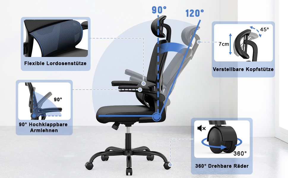 Офісне крісло Naspiro - ергономічне, з регульованою підголовником, підлокітниками та підтримкою попереку, чорне