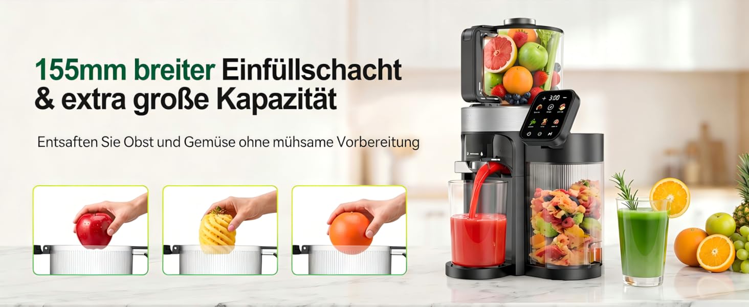 Повільна соковижималка 3-в-1 Slow Juicer з XL-завантажувальним отвором 155 мм, сіра