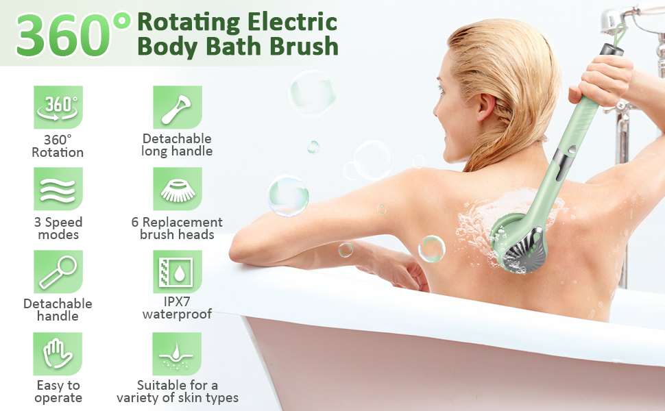 Електрична дюшева щітка для спини Eincremehilfe 6 в 1 з USB-зарядкою та 6 насадками для глибокого очищення та пілінгу