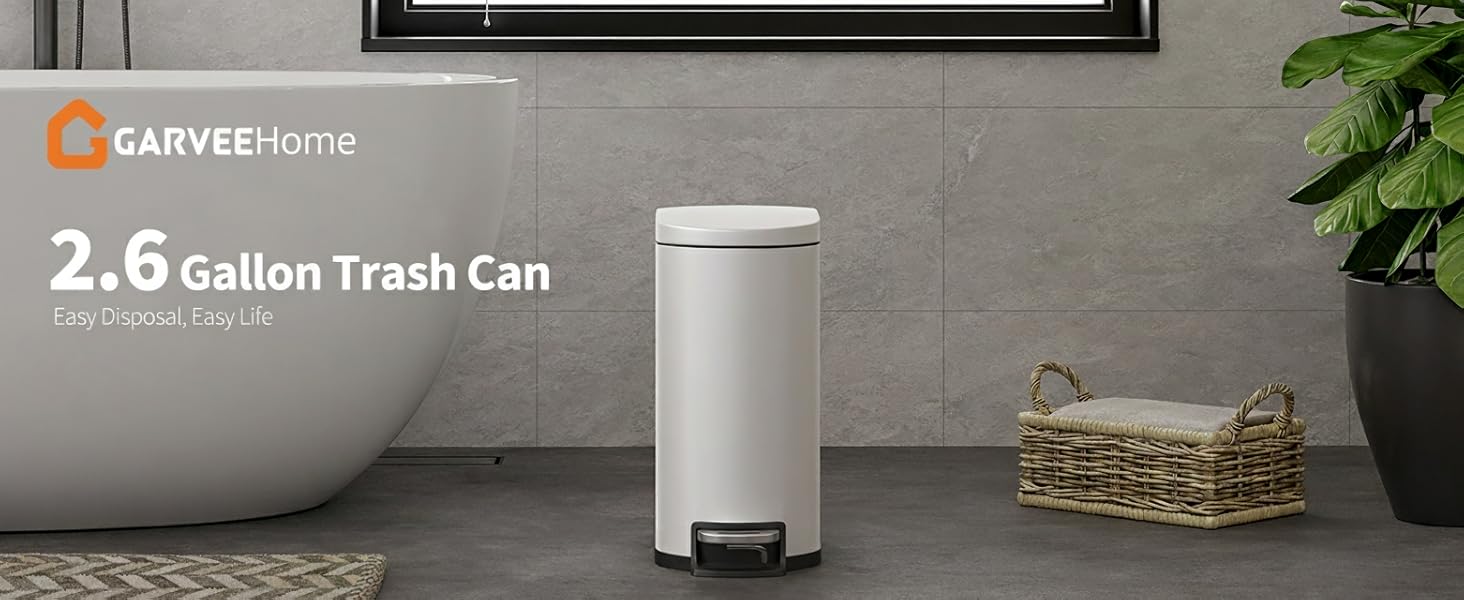 Сміттєвий відер GarveeHome для ванної кімнати з педаллю, 10 л, нержавіюча сталь, білий колір, з кришкою Soft-close та внутрішнім відром