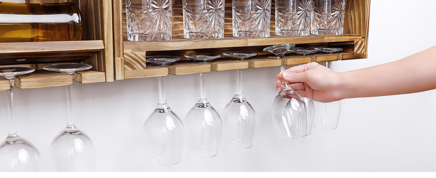 Стійка для вина Yorbay з підігрітим деревом, настінна з тримачем для корку, для келихів для вина та віскі, утримувач для пляшок, домашній бар, вінтаж, подарунок (без LED)