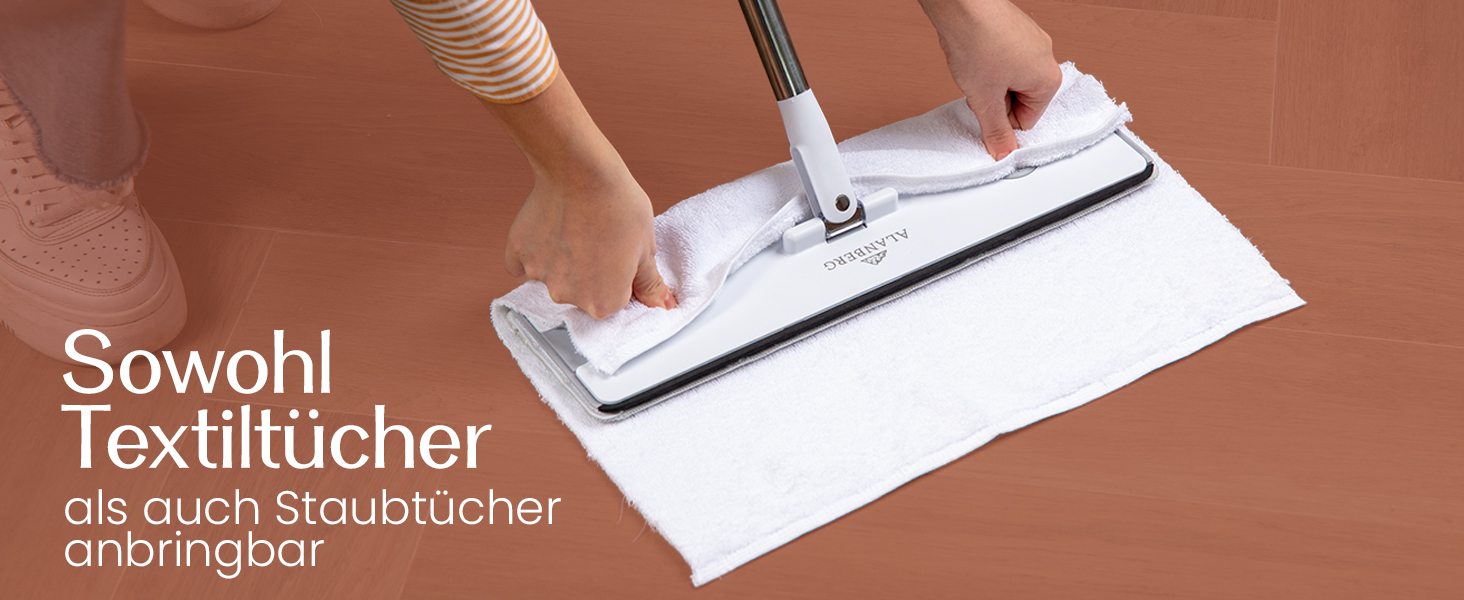 Набір для миття підлоги XL з відром, 2-камерна система, телескопічна ручка 143-181 см, плоский моп 40 см, самовіджимання з видаленням шерсті тварин та 2 мікрофібровими накладками, білий – ALANBERG®