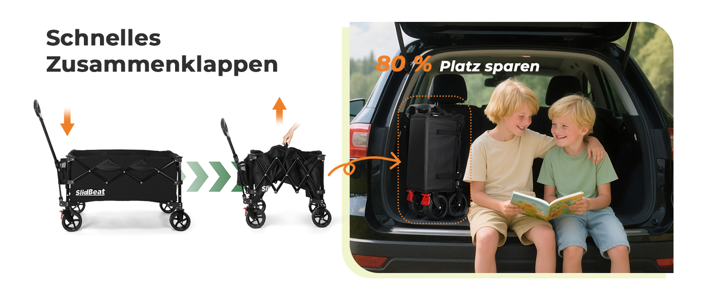 Візок складний SLIDBEAT Bollerwagen 150л, 150кг, чорний XL: для кемпінгу, покупок, саду, пляжу. Гальма, регульована ручка, тримач для напоїв.