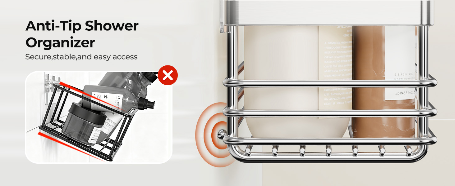 Полка для душу Orimade без свердління з 5 гачками, 2 шт. з нержавіючої сталі, срібло