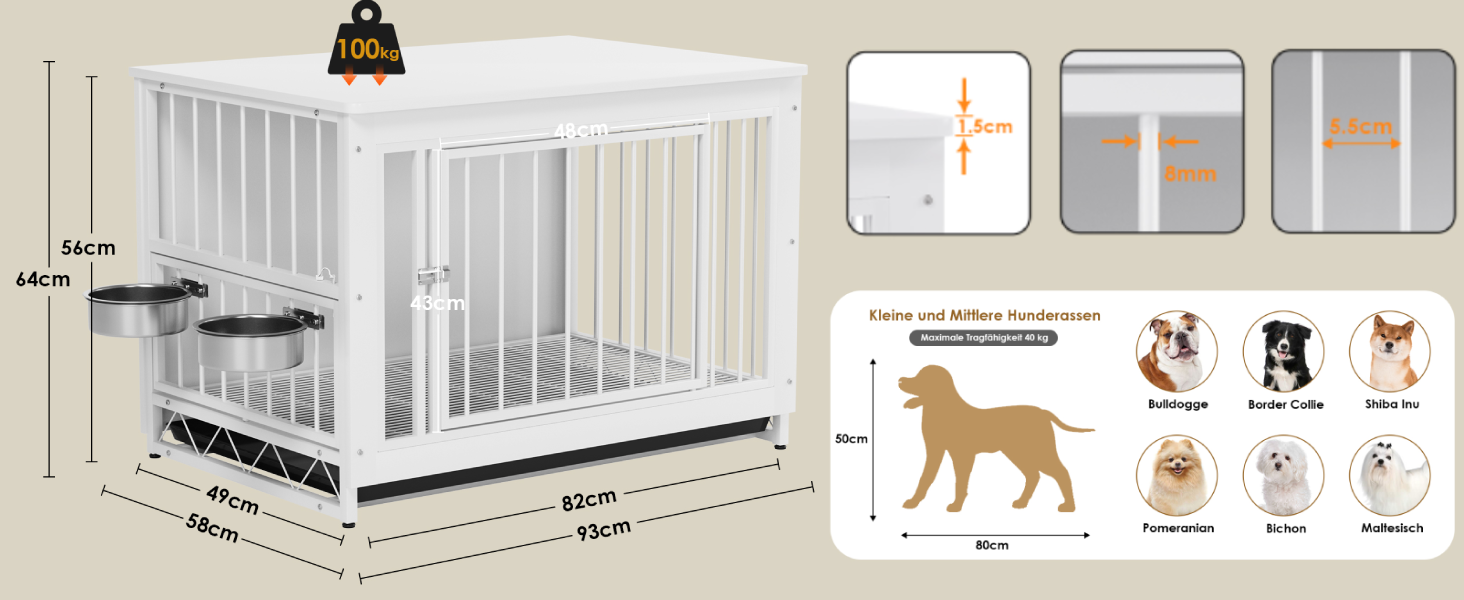 Клітка для собак для дому, дерев'яна собача будка 93x64x58 см, біла. Знімний піддон, 2 годівниці, двері. Для собак середніх та маленьких порід до 40 кг