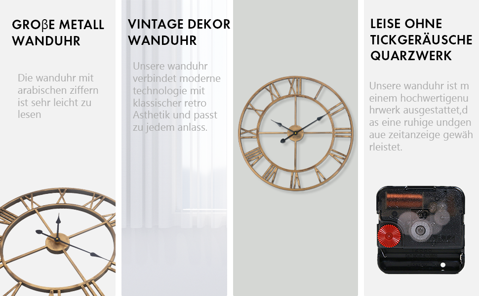 Large European Industrial Vintage Wall Clock with Roman Numerals, Silent No Ticking Sounds Metal Wall Clock, Decorative Wall Clock for Living Room, Kitchen, Bedroom - (Bronze, 60cm)