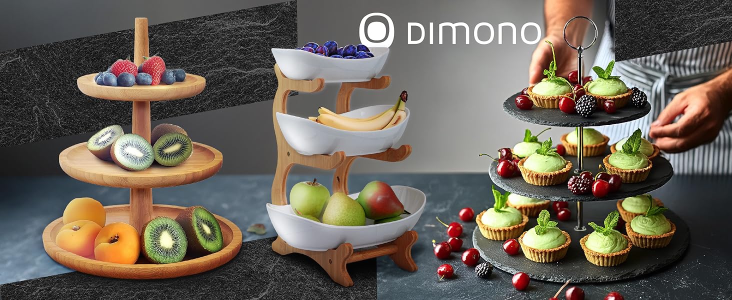 Dimono® Етажерка для сервірування: 3-ярусна етажерка для подачі їжі з керамічних мисок та бамбукового підставки. Ідеально для десертів, фруктів, овочів та солодощів.