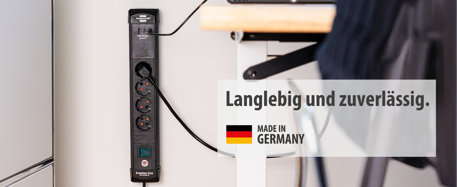 Бренненштуль Premium-Line Розподільник розеток 4-портовий з 2x USB-C PD 65W та USB-A 18W (Made in Germany), з вимикачем та кабелем 3м, для настінного монтажу, чорний