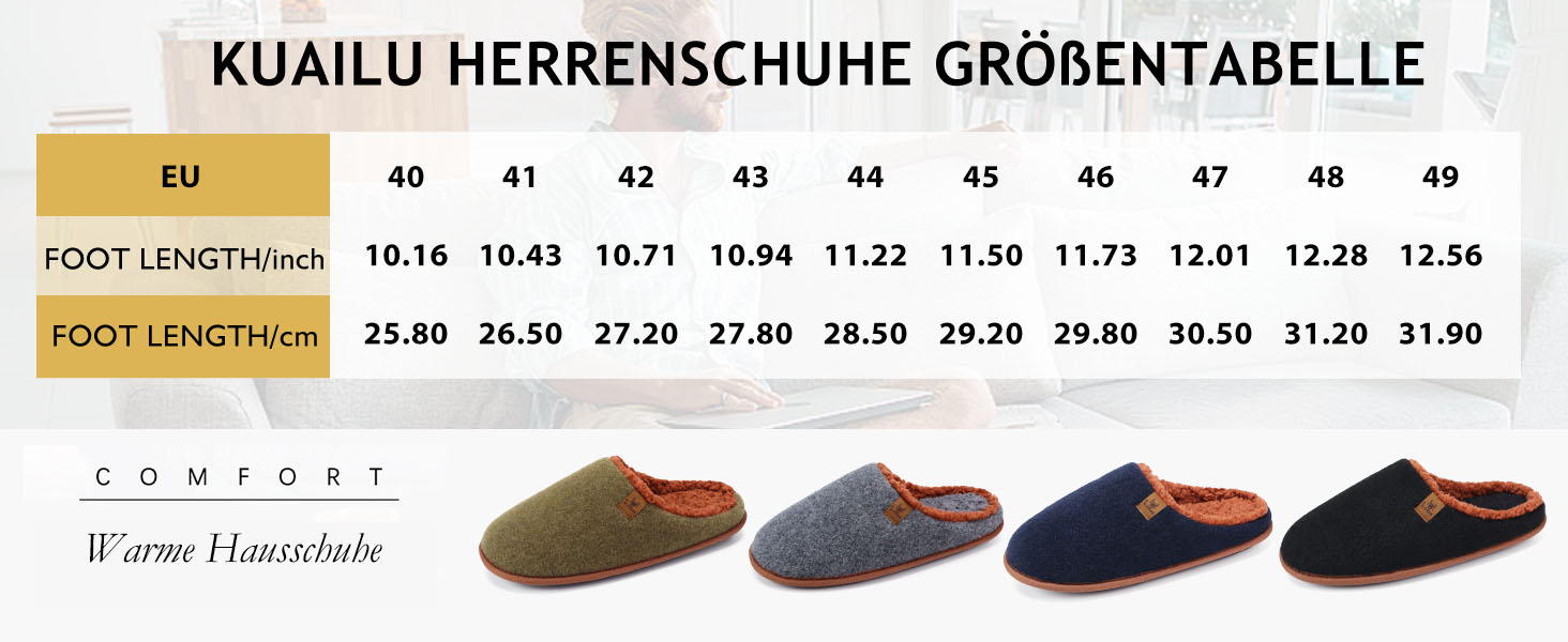 Чоловічі фетрові халапи KuaiLu: теплі, зручні, з м'якою підкладкою. Ідеальні для дому та вулиці. Розмір 44 EU, чорний колір.