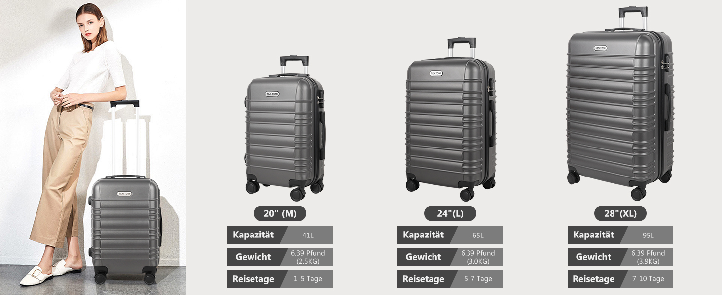 Великий валіз з ABS пластику на колесах, Trolley, валіз для подорожей з 4 колесами (360°), кодовий замок з 3 цифрами та телескопічний ручка з алюмінію (XL – 95л, Темно-сірий)