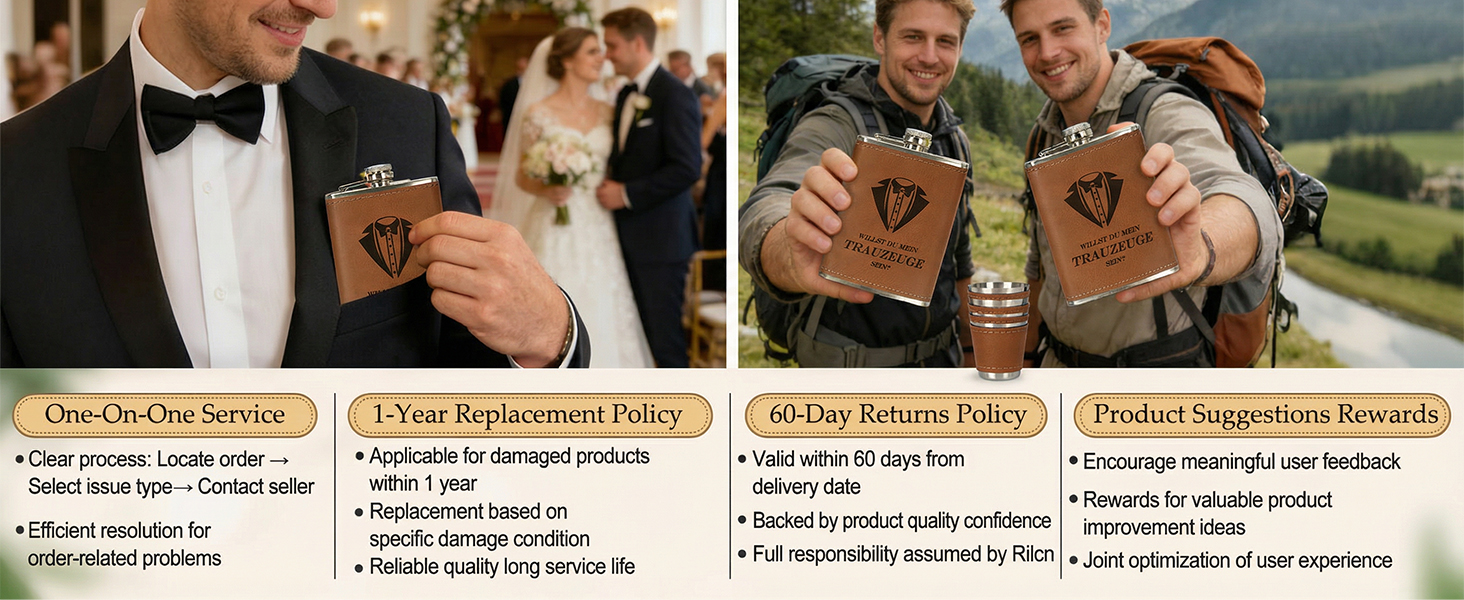 Персоналізований набір фляг 8oz з гравіюванням – фляга з нержавіючої сталі, 4 склянки, воронка та подарункова коробка для друзів нареченого/нареченої, подарунок на весілля для чоловіків та жінок (колір: коричневий)