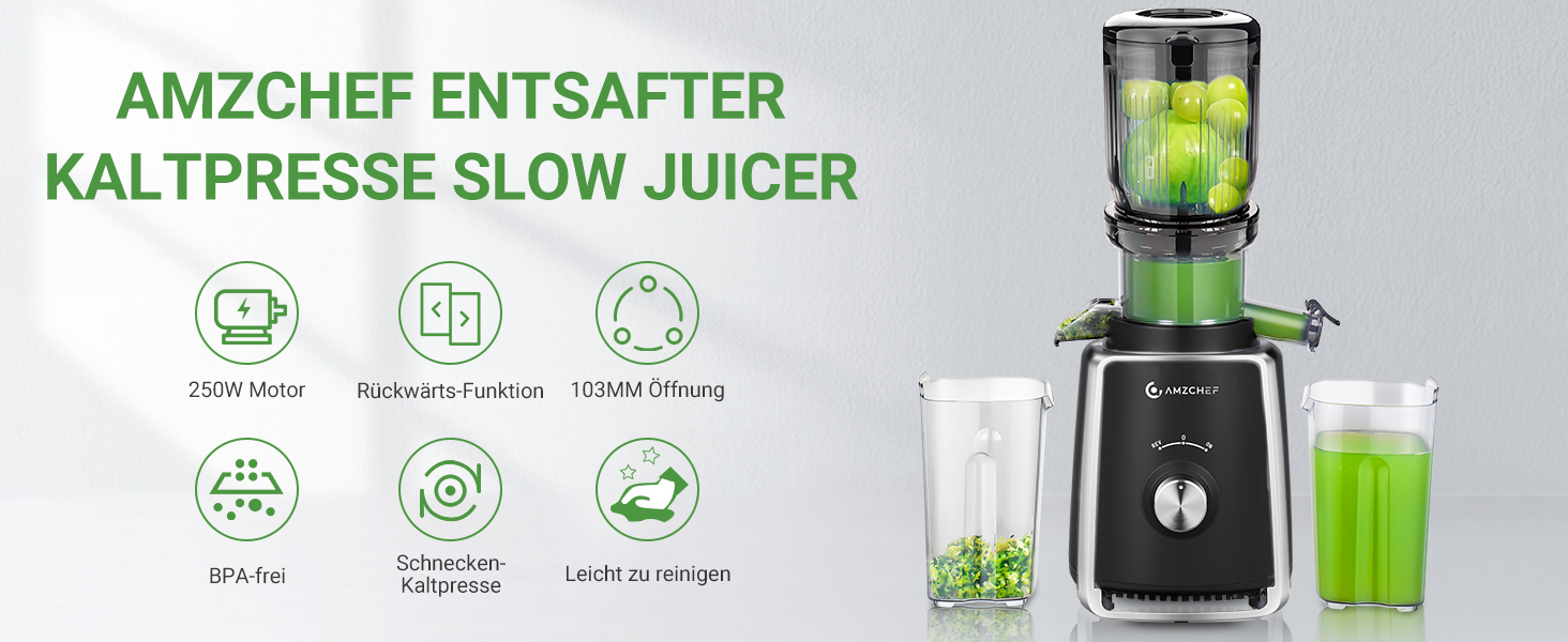 AMZCHEF Електричний соковитискач Slow Juicer 103 мм - потужність 250W, для овочів та фруктів, з 2 фільтрами, тихий двигун, функція реверсу, чорний