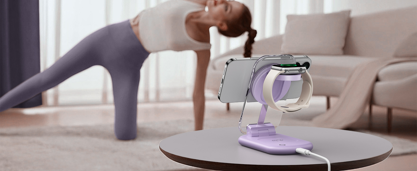 Зарядний пристрій MagSafe 3-в-1 для Apple Watch та iPhone: фіолетовий колір. Підходить для iPhone 17, 16, 15, 14, 13, 12 Pro Max/Air/Plus/Pro та Apple Watch 10/9, Airpods 3/2/Pro