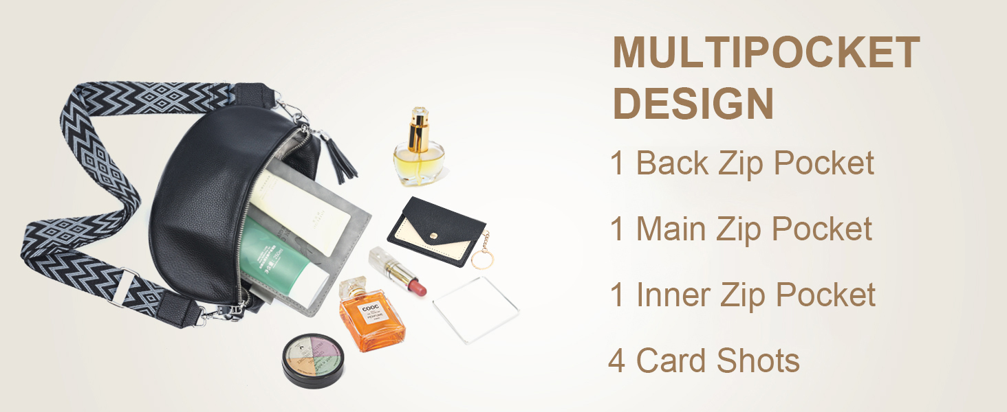 Жіноча сумка через плече з широким ременем, поясна сумка з натуральної шкіри, стильна з багатьма відділеннями для карток, кросбоді, гаманець (чорний)