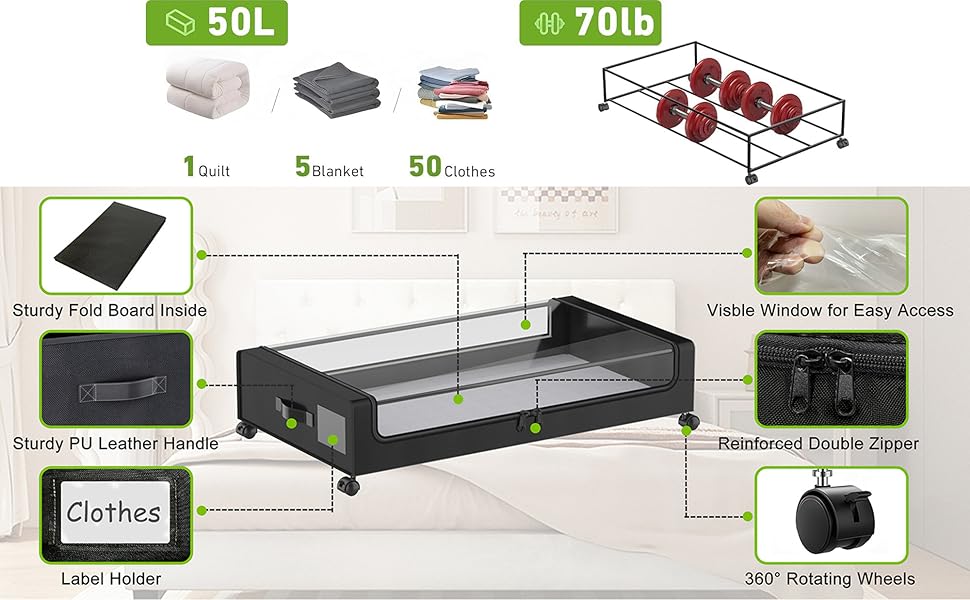 Коробки для зберігання під ліжко 2 шт. 50л з роликами, чорні - органайзер для одягу, взуття, ковдр, постільної білизни