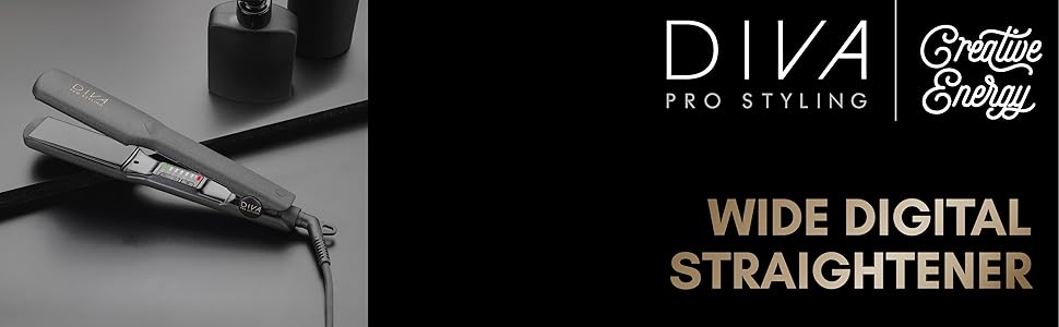 Diva Pro Styling Wide Digital Styler - Extra Wide Ceramic Plates - Even Heat Distribution - 3m Cord, Black