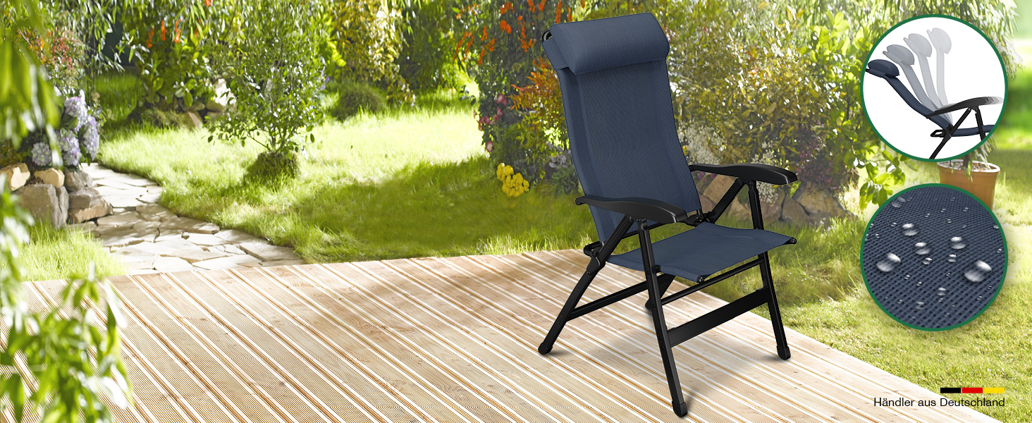 ELONEO Folding Camping Chair with Removable Footrest, Folding Chair made of Aluminum, Folding Garden Chair, Reclining Chair with Adjustable Backrest, Camping Chair (Folding Chair with Footrest (Basic), Blue)