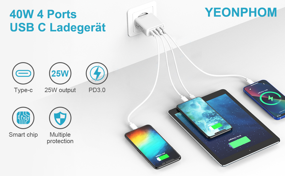 Мережевий зарядний пристрій USB C на 4 порти, 40W, PD&QC3.0, для iPhone, Samsung Galaxy