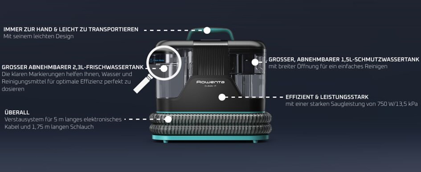 Rowenta Clean It - портативний відпарювач для килимів, 750W, зелений/чорний, IN5020F0. Швидке та легке очищення, знімний бак 2.3л та 5 насадок