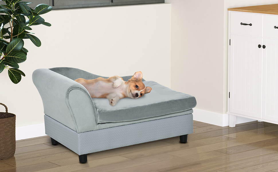 PawHut Крісло-лежанка для собак з матрацом та місцем для зберігання, світло-сірий, 76 x 45 x 43 см