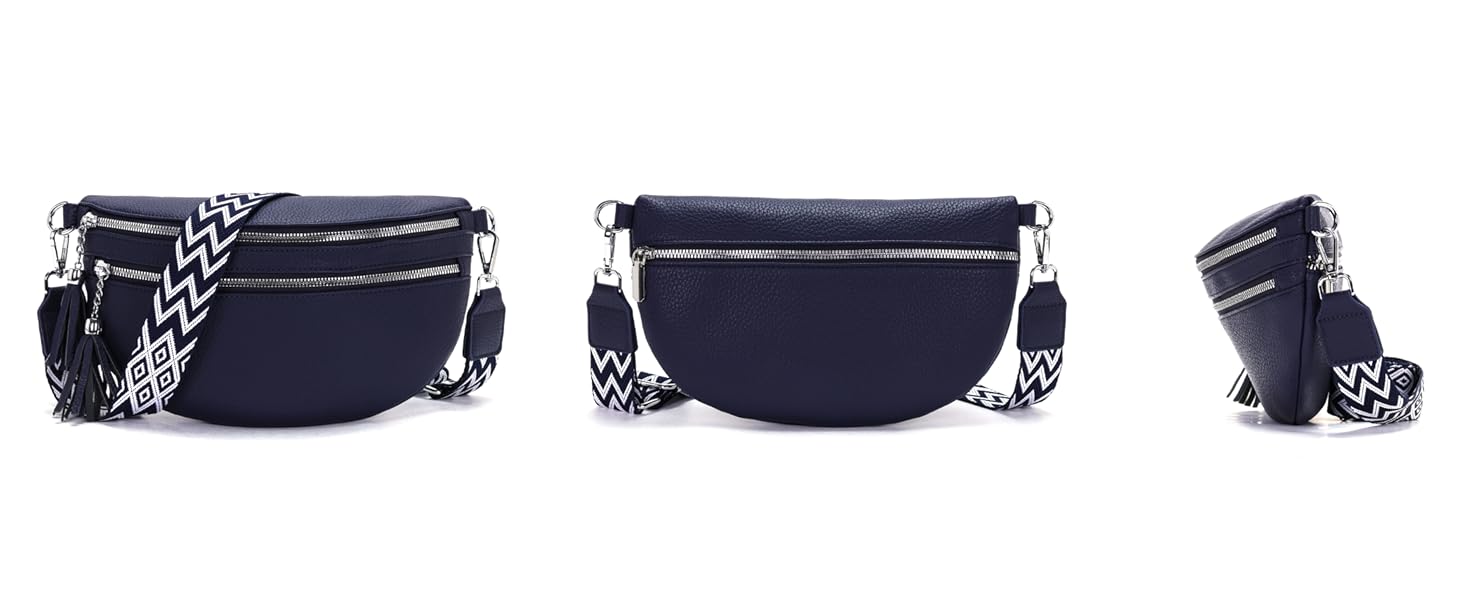 Сумка поясна жіноча бежева через плече кросбоді середнього розміру з відділенням для карток та 2 ремінцями, жіноча сумка (Темно-синя)