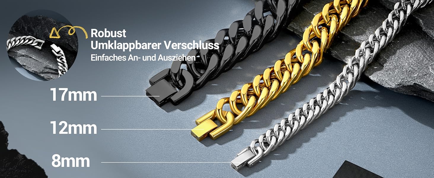 Чоловічий браслет PROSTEEL з нержавіючої сталі з 18K золотом, чорний, ланцюжок 'Panzerkette', важкий, для чоловіків та підлітків, 8 мм/12 мм/16,5 мм/17 мм, срібло, 19 см