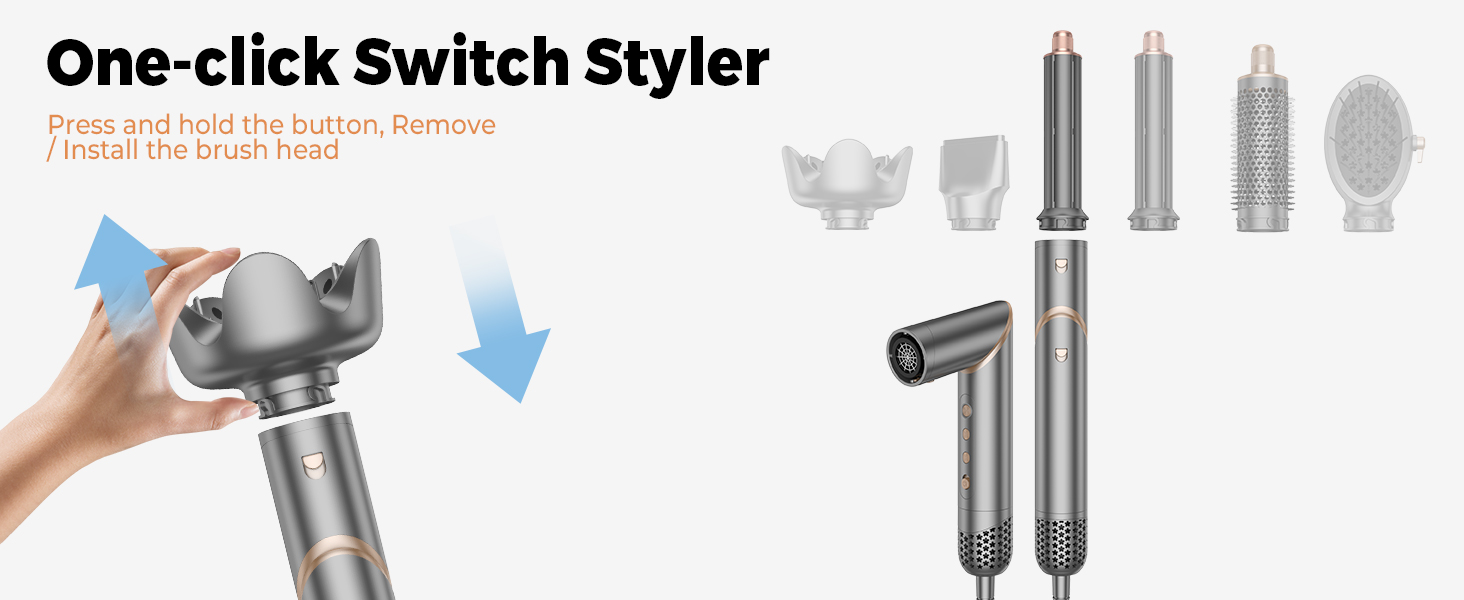 OKWRAP Hairstyler 5 в 1: Набір для укладки волосся з феном, іонізацією, автоматичною завивкою, плойкою та випрямлячем. (Сірий)