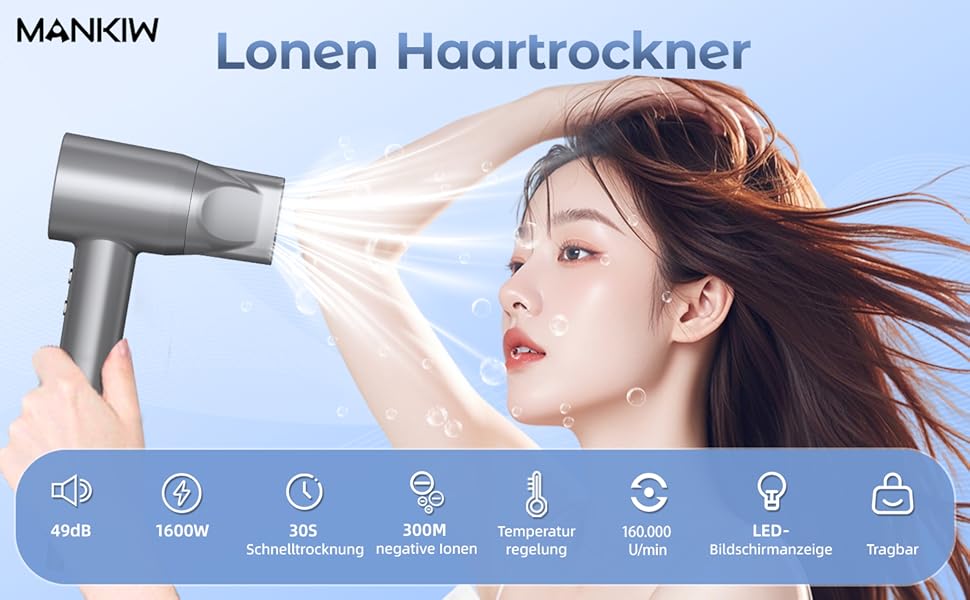 Іонізатор для волосся MANKIW, 160 000 об/хв, Supersonic фен з магнітною насадкою, швидке сушіння