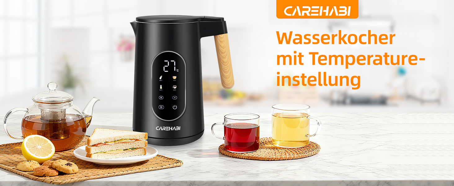 Електричний чайник Carehabi з регулюванням температури, 1.7 л, нержавіюча сталь, чорний, 40°C-100°C, 2200W, LED дисплей, подвійні стінки, функція підтримки тепла