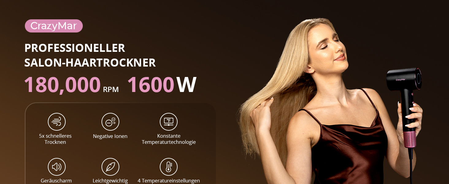 Іонізатор для волосся CrazyMar – фен з потужним мотором 180 000 об/хв, швидка сушка, компактний, для подорожей, створення локонів, 4 температурні режими, захист від перегріву, тиха робота, чорний