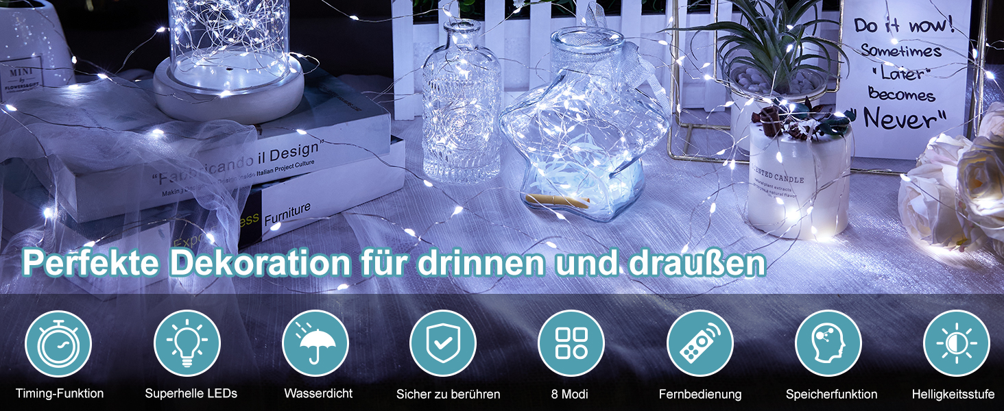LED гірлянда світлодіодна, 23м, 200 LED, на батарейках, з таймером, 8 режимів, для дому та саду, на Різдво, Великдень, вечірку, декорування (1 шт, холодне біле світло)